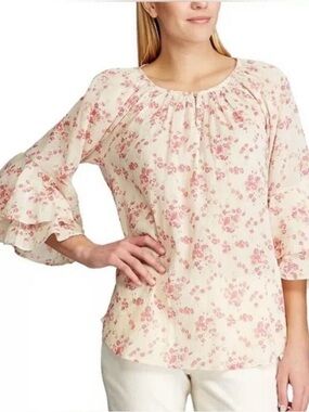 Chaps Women's Crepe Peasant Blouse 3/4 Bell Sleeves Sheer Peach Floral Large